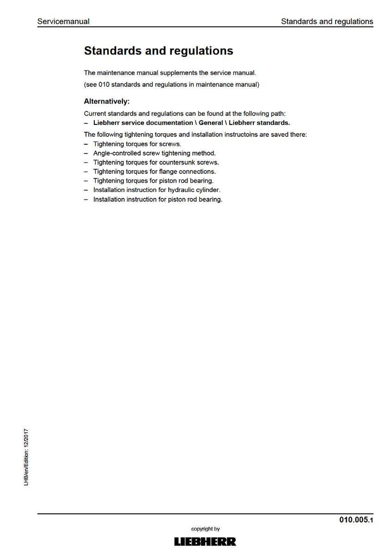 Puede incluir: Documento blanco titulado "Normas y reglamentos" con el logotipo de Liebherr. El documento enumera los pares de apriete y las instrucciones de instalaci&oacute;n para varios componentes, incluidos tornillos y cojinetes de biela. Con fecha de 12/2017.