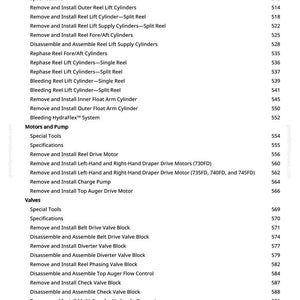 May include: A detailed list of hydraulic system components, including cylinders, motors, pumps, and valves. The text-based document provides specifications and instructions for maintenance and repair procedures. The document is a technical manual.