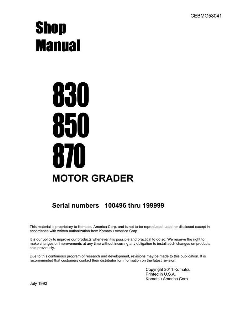 Puede incluir: Un Manual de Taller blanco para una Motoniveladora, con los n&uacute;meros 830, 850 y 870 en negrita negra. El manual incluye los n&uacute;meros de serie 100496 a 199999. Copyright 2011 Komatsu, impreso en EE.UU.