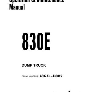 Puede incluir: Portada de manual blanca con el texto "Operation & Maintenance Manual" y "830E DUMP TRUCK". Se enumeran los n&uacute;meros de serie A30733 - A30815. El logotipo de Komatsu est&aacute; en la parte inferior.