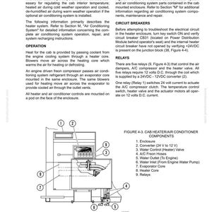 May include: Diagram of a cab heater/air conditioner with labeled components. Includes an enclosure, converter, water control valve, A/C freon hoses, water outlet, water inlet, evaporator core, heater core, and relays. Text reads "CAB HEATER/AIR CONDITIONER COMPONENTS."