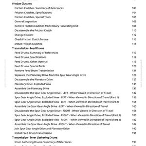 May include: A page from a manual with a table of contents. The text includes terms like "Friction Clutches," "Feed Drums," and "Spur Gear Angle Drive." The page number is visible at the bottom.