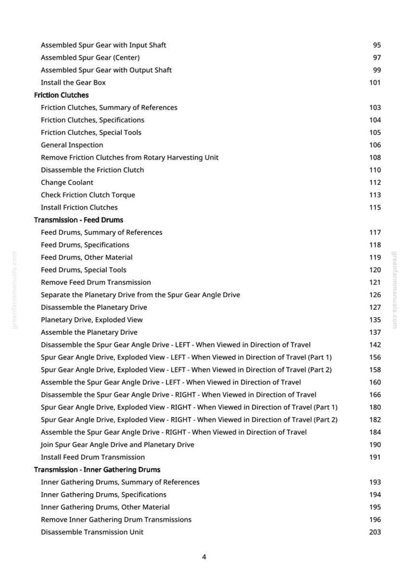 May include: A page from a manual with a table of contents. The text includes terms like "Friction Clutches," "Feed Drums," and "Spur Gear Angle Drive." The page number is visible at the bottom.