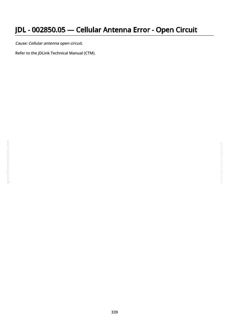 May include: A white page with the text "JDL - 002850.05 - Cellular Antenna Error - Open Circuit." The text "Cause: Cellular antenna open circuit." is also visible. The bottom of the page has the number "339".