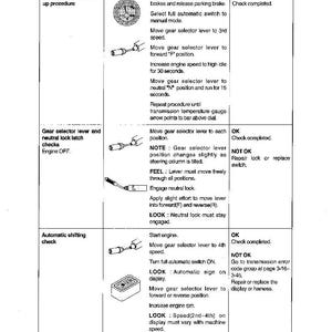 May include: A page from a manual detailing transmission oil checks. The image includes diagrams and instructions for procedures like the warm-up, gear selector, and automatic shifting checks. Text includes "OK" and "NOT OK" indicators.