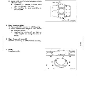 Puede incluir: Diagrama de instrucciones de montaje y desmontaje del rodillo vibratorio. Incluye ilustraciones de pernos gu&iacute;a, pesos exc&eacute;ntricos y conjunto de eje de brida. Texto con medidas en mm.