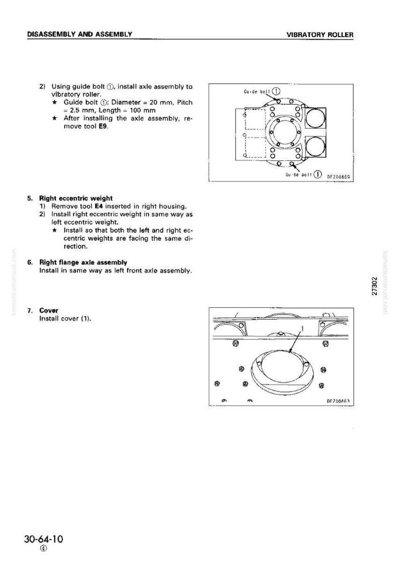 Puede incluir: Diagrama de instrucciones de montaje y desmontaje del rodillo vibratorio. Incluye ilustraciones de pernos gu&iacute;a, pesos exc&eacute;ntricos y conjunto de eje de brida. Texto con medidas en mm.