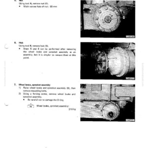 K&ouml;nnte beinhalten: Eine technische Zeichnung aus einem Handbuch, die die Demontage und Montage einer Radbremse und eines Kettenrads detailliert. Das Bild zeigt Nahaufnahmen der Komponenten, darunter eine Mutter mit einer Breite von 80 mm, eine Nabe und die Radbremsbaugruppe. Der Text enth&auml;lt Anweisungen.
