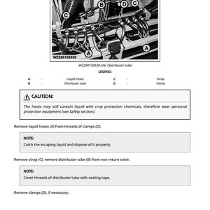 May include: Diagram illustrating the process to replace a distributor tube. The image shows the tube, liquid hoses, clamps, and strap. Text includes a caution about chemicals and instructions for removal and replacement.