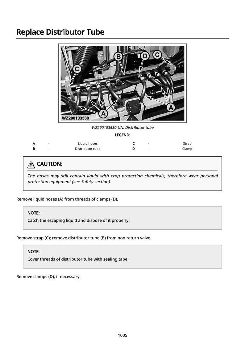 May include: Diagram illustrating the process to replace a distributor tube. The image shows the tube, liquid hoses, clamps, and strap. Text includes a caution about chemicals and instructions for removal and replacement.