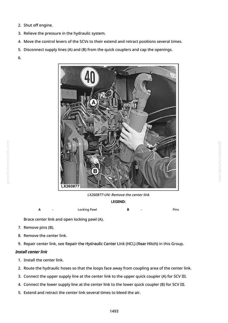 May include: Black and white image of machinery components with the number 40 displayed. The image includes text and diagrams detailing the removal and installation of a center link, with labels A and B.
