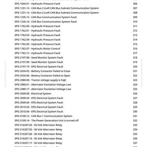 May include: A detailed list of EPG (Electric Power Generation) system faults, including CAN Bus, hydraulic pressure, and alternator issues. The document includes fault codes and descriptions, useful for troubleshooting.