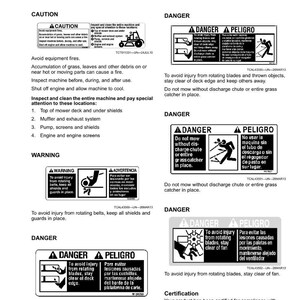 May include: A sheet of safety labels with warnings and instructions for a machine. The labels include "CAUTION", "DANGER", and "WARNING" messages with illustrations. The text advises on avoiding injury from rotating blades and other hazards.