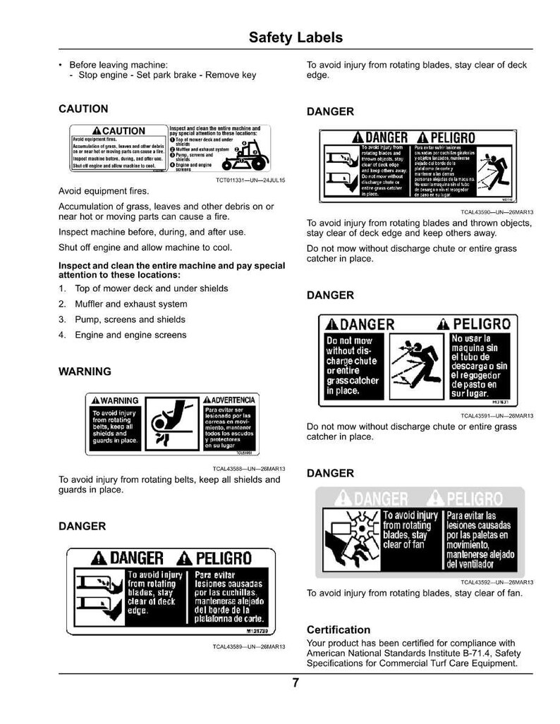 May include: A sheet of safety labels with warnings and instructions for a machine. The labels include "CAUTION", "DANGER", and "WARNING" messages with illustrations. The text advises on avoiding injury from rotating blades and other hazards.