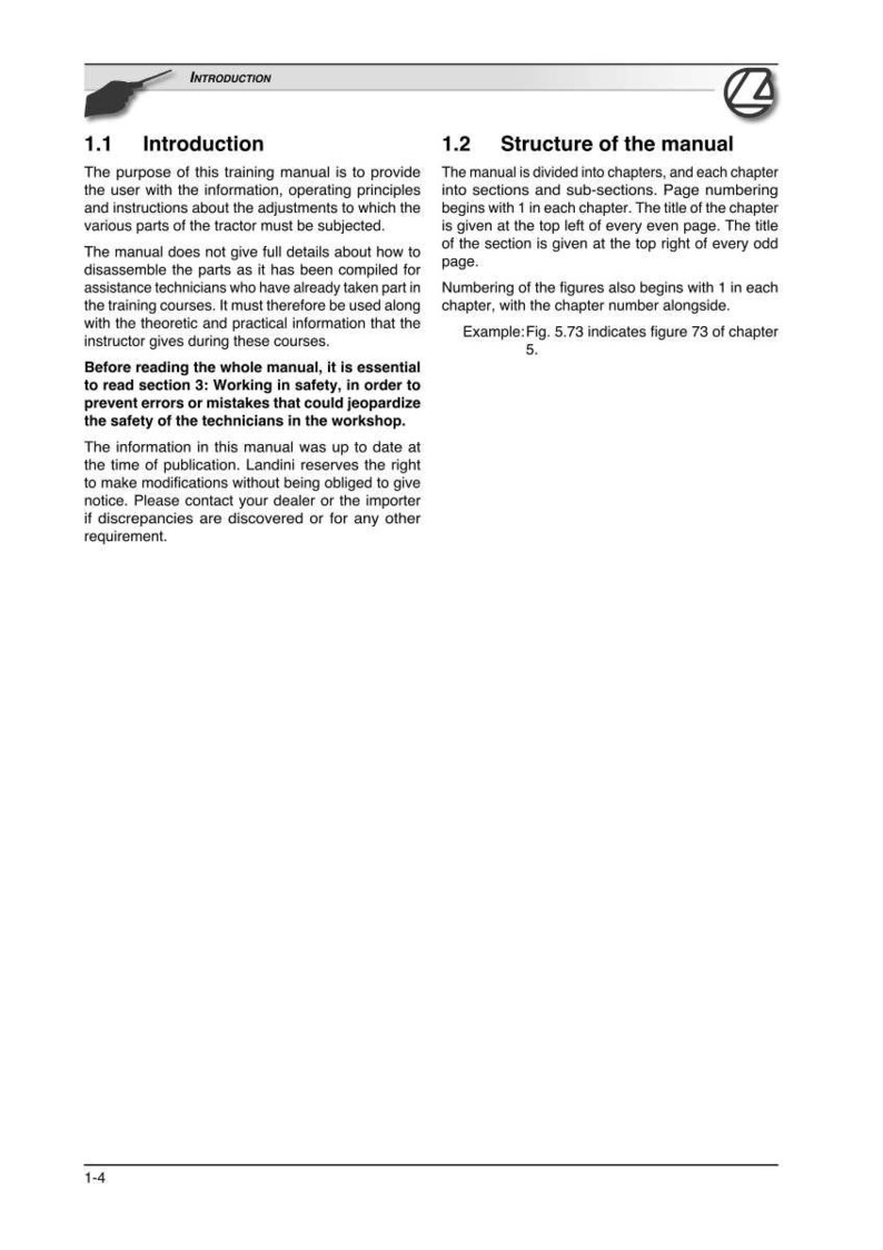 May include: A page from a training manual with the title "Introduction" at the top. The text describes the manual's purpose, structure, and safety instructions. The page includes section headings and example figure references.