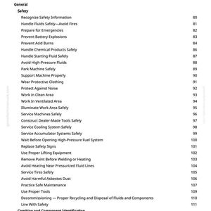 Pu&ograve; includere: Una pagina di un manuale intitolata "Indice" con un elenco di argomenti di sicurezza e manutenzione. Il testo &egrave; nero su sfondo bianco. Gli argomenti includono informazioni sulla sicurezza, manipolazione dei fluidi e procedure di emergenza.