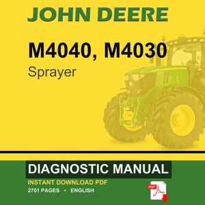 May include: A John Deere M4040, M4030 Sprayer diagnostic manual. The image features a green and yellow tractor on a yellow background. The text "DIAGNOSTIC MANUAL" is displayed at the bottom, along with "INSTANT DOWNLOAD PDF".
