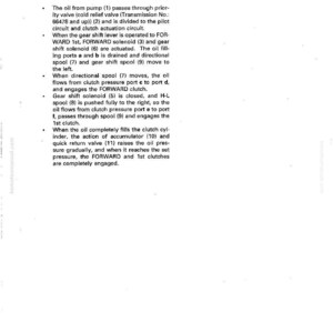 May include: A technical manual page explaining the structure and function of a transmission control valve. The text describes the oil flow and operation of solenoids, spools, and clutches. The page includes diagrams and technical information.