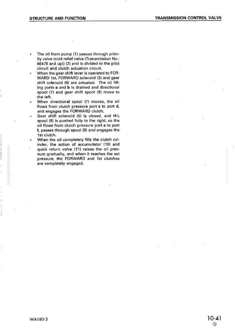 May include: A technical manual page explaining the structure and function of a transmission control valve. The text describes the oil flow and operation of solenoids, spools, and clutches. The page includes diagrams and technical information.