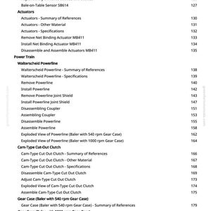 May include: A white-background page from a manual, listing various components and procedures for agricultural machinery. Includes titles like "Actuators," "Power Train," and "Cam-Type Cut-Out Clutch," with page numbers.