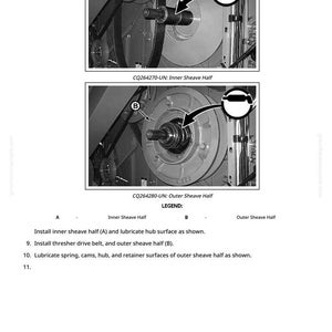 May include: Diagram of machinery components, including an inner sheave half and an outer sheave half, with labels and arrows. Text includes instructions for installation and lubrication. The image is in black and white.