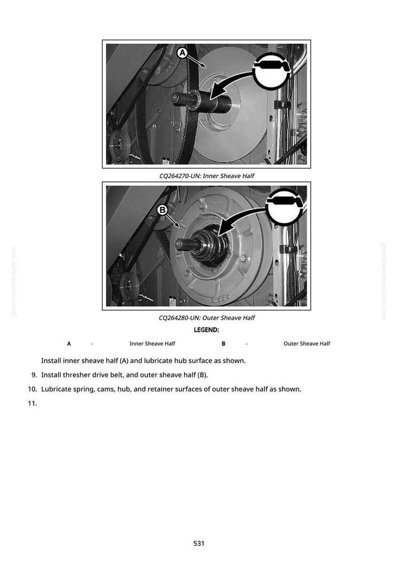 May include: Diagram of machinery components, including an inner sheave half and an outer sheave half, with labels and arrows. Text includes instructions for installation and lubrication. The image is in black and white.