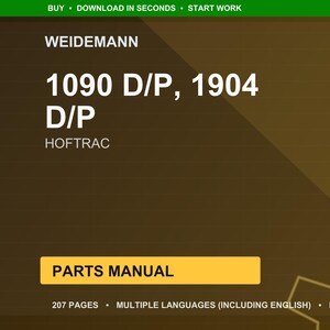 May include: A digital parts manual for Weidemann 1090 D/P and 1904 D/P Hoftrac models. The cover is a gradient of brown and gold with white text. The manual includes 207 pages and multiple languages.