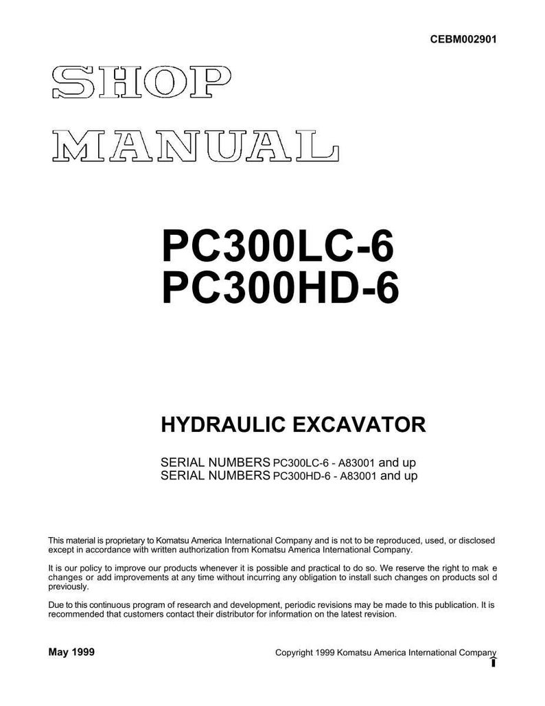 Op de afbeelding: Een wit werkplaatshandboek met de tekst "SHOP MANUAL" bovenaan. Daaronder staat "PC300LC-6 PC300HD-6 HYDRAULIC EXCAVATOR". De handleiding bevat serienummers en copyrightinformatie van Komatsu America.