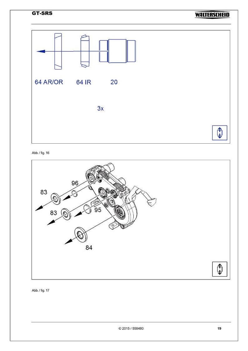 Op de afbeelding: Technische tekening van mechanische componenten, met labels zoals 64 AR/OR, 64 IR en 20. De tekening bevat een gedetailleerd aanzicht van een assemblage met genummerde onderdelen 83, 84, 95 en 96. Het Walterscheid-logo is zichtbaar.