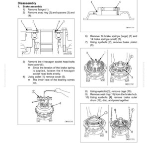 Op de afbeelding: Diagram van de demontage en montage van een stuurkoppeling en remassemblage. De afbeelding bevat gedetailleerde illustraties met genummerde onderdelen en instructies voor elke stap, zoals het verwijderen van flenzen, veren en bouten.