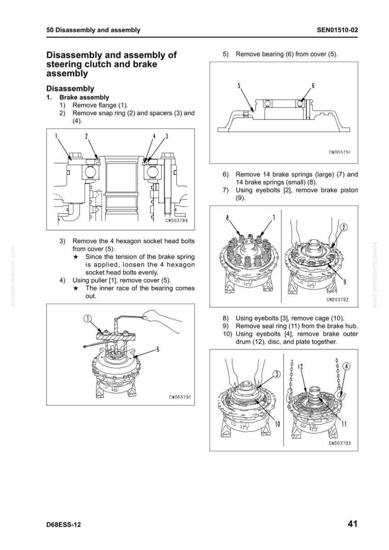 Op de afbeelding: Diagram van de demontage en montage van een stuurkoppeling en remassemblage. De afbeelding bevat gedetailleerde illustraties met genummerde onderdelen en instructies voor elke stap, zoals het verwijderen van flenzen, veren en bouten.