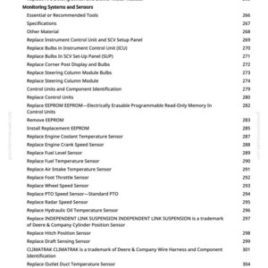 May include: A page from a greenfarmmanuals.com manual, listing various replacement parts and sensors. The text includes items like "Replace Hydraulic Clean-Oil Level Switch" and "Replace Fuel Temperature Sensor."