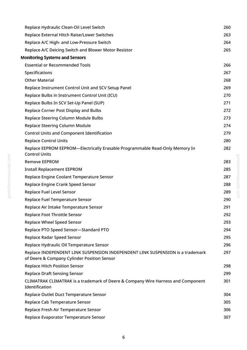 May include: A page from a greenfarmmanuals.com manual, listing various replacement parts and sensors. The text includes items like "Replace Hydraulic Clean-Oil Level Switch" and "Replace Fuel Temperature Sensor."