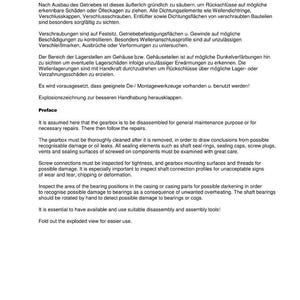 May include: A white page with German and English text detailing gearbox maintenance and inspection procedures. The page includes the words "GT-SR" and "WALTERSCHEID". It also features a copyright notice and a page number.