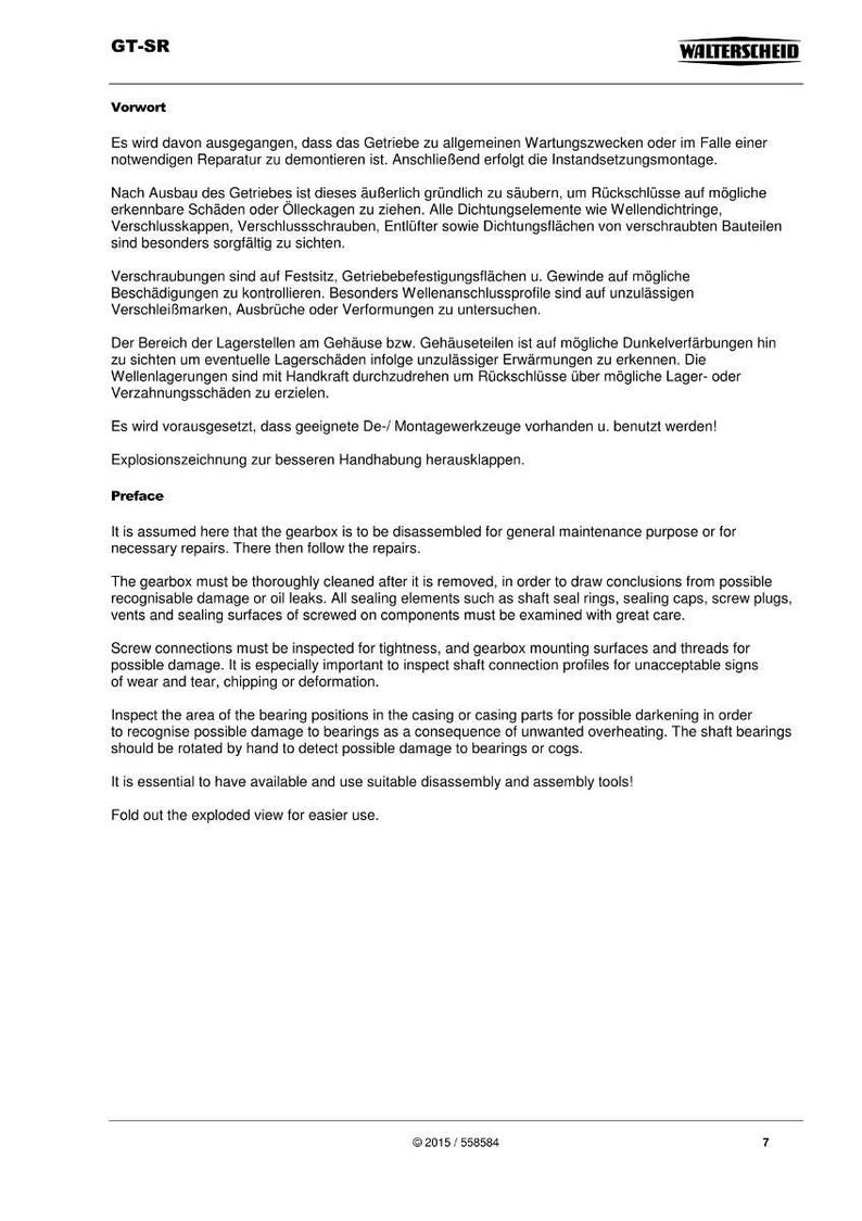 May include: A white page with German and English text detailing gearbox maintenance and inspection procedures. The page includes the words "GT-SR" and "WALTERSCHEID". It also features a copyright notice and a page number.