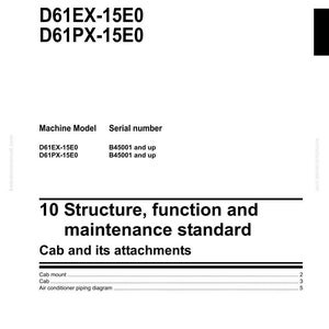 May include: A shop manual for a bulldozer, featuring the model numbers D61EX-15E0 and D61PX-15E0. The manual includes information on structure, function, and maintenance standards for the cab and its attachments. The Komatsu logo is visible.