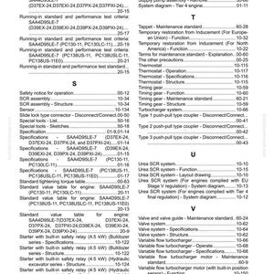 Pode incluir: Uma p&aacute;gina de &iacute;ndice detalhada de um manual, listando v&aacute;rios componentes mec&acirc;nicos e seus n&uacute;meros de p&aacute;gina correspondentes. Inclui termos como "Termostato", "Turbocharger" e "Urea SCR system".