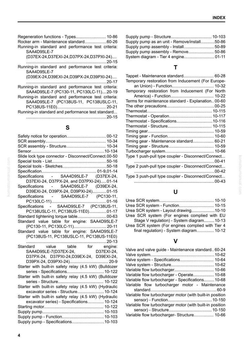 Pode incluir: Uma p&aacute;gina de &iacute;ndice detalhada de um manual, listando v&aacute;rios componentes mec&acirc;nicos e seus n&uacute;meros de p&aacute;gina correspondentes. Inclui termos como "Termostato", "Turbocharger" e "Urea SCR system".