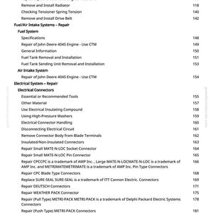 May include: A page from a manual with a table of contents. The topics include engine repair, cooling systems, fuel systems, and electrical systems. The page numbers are listed on the right.