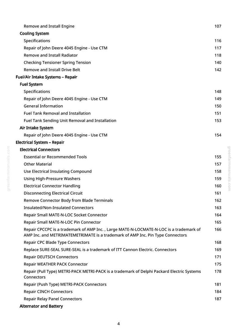 May include: A page from a manual with a table of contents. The topics include engine repair, cooling systems, fuel systems, and electrical systems. The page numbers are listed on the right.