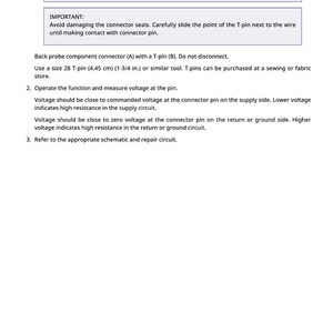 May include: White text on a white background provides instructions for electrical component repair. The text includes warnings about damaging parts and steps for measuring voltage using a T-pin, which is 1-3/4 inches or 4.45 cm.