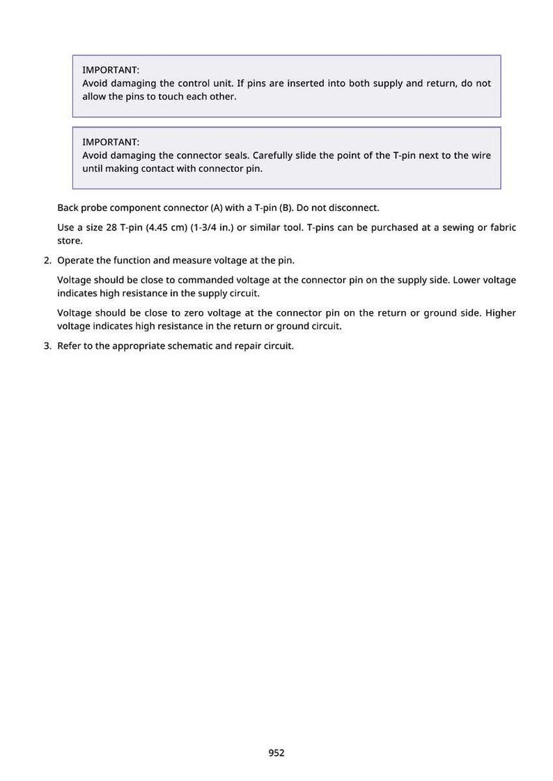 May include: White text on a white background provides instructions for electrical component repair. The text includes warnings about damaging parts and steps for measuring voltage using a T-pin, which is 1-3/4 inches or 4.45 cm.
