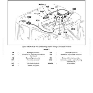 Op de afbeelding: Diagram van kabelboom W26 voor ventilator- en airconditioningsystemen. Bevat labels voor connectoren, schakelaars en aardingspunten. Tekst luidt "Verwijderen en installeren van kabelboom W26 - Ventilator en airconditioning."