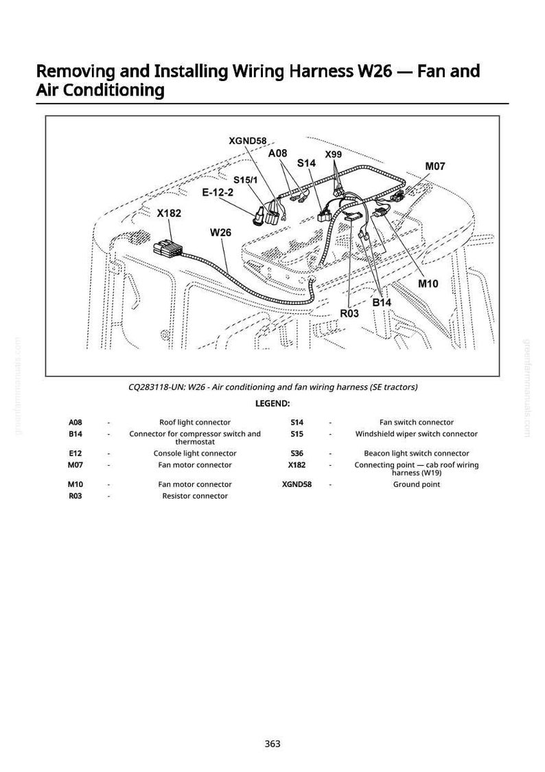 Op de afbeelding: Diagram van kabelboom W26 voor ventilator- en airconditioningsystemen. Bevat labels voor connectoren, schakelaars en aardingspunten. Tekst luidt "Verwijderen en installeren van kabelboom W26 - Ventilator en airconditioning."