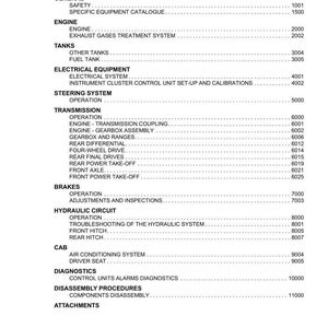 Puede incluir: Una p&aacute;gina del cat&aacute;logo de Argo Tractors, que muestra una tabla de contenidos. El documento enumera secciones como Motor, Dep&oacute;sitos, Equipamiento el&eacute;ctrico, Sistema de direcci&oacute;n, Transmisi&oacute;n, Frenos, Circuito hidr&aacute;ulico, Cabina, Diagn&oacute;stico y Accesorios.