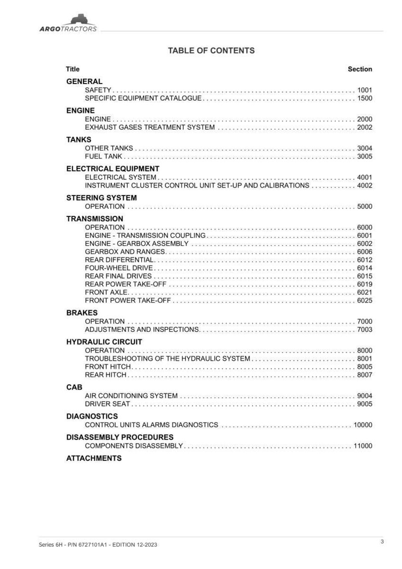 Puede incluir: Una p&aacute;gina del cat&aacute;logo de Argo Tractors, que muestra una tabla de contenidos. El documento enumera secciones como Motor, Dep&oacute;sitos, Equipamiento el&eacute;ctrico, Sistema de direcci&oacute;n, Transmisi&oacute;n, Frenos, Circuito hidr&aacute;ulico, Cabina, Diagn&oacute;stico y Accesorios.