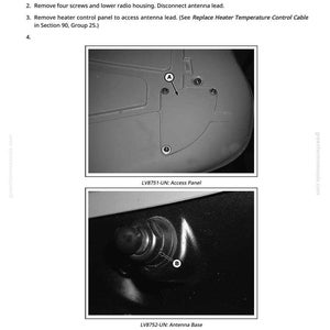 Puede incluir: Diagrama que ilustra los pasos para reemplazar la antena. Incluye vistas de cerca del panel de acceso y la base de la antena. Se proporcionan instrucciones de texto, incluida la extracci&oacute;n de tornillos y la desconexi&oacute;n del cable de la antena.