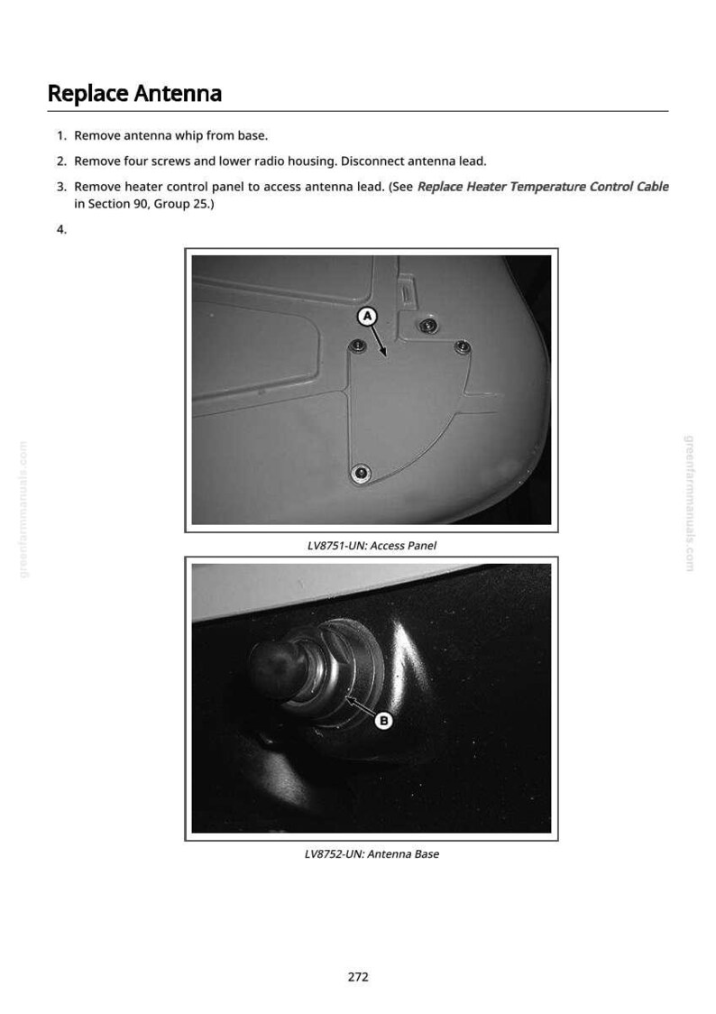 Puede incluir: Diagrama que ilustra los pasos para reemplazar la antena. Incluye vistas de cerca del panel de acceso y la base de la antena. Se proporcionan instrucciones de texto, incluida la extracci&oacute;n de tornillos y la desconexi&oacute;n del cable de la antena.