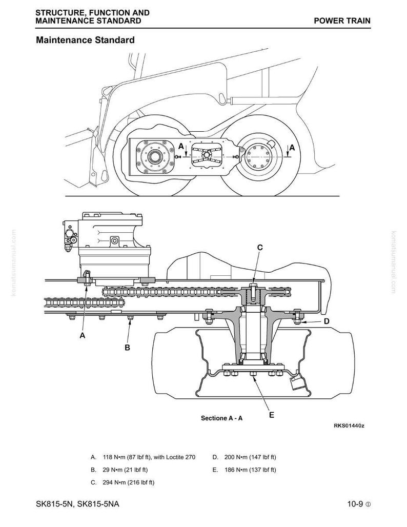 May include: Technical diagram of a power train system, featuring detailed mechanical drawings with labels and measurements. The diagram includes cross-sectional views, annotations, and torque specifications in foot-pounds and Newton-meters. Text includes "STRUCTURE, FUNCTION AND MAINTENANCE STANDARD" and "POWER TRAIN".