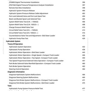 May include: A page from a manual with a list of tests and diagnostic information for a hydraulic system, including tests for pressure release, relief valves, and pump operation. The text is in black on a white background.